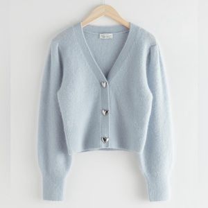 & Other Stories Light Blue Heart-Button V-Neck Mohair Blend Cardigan